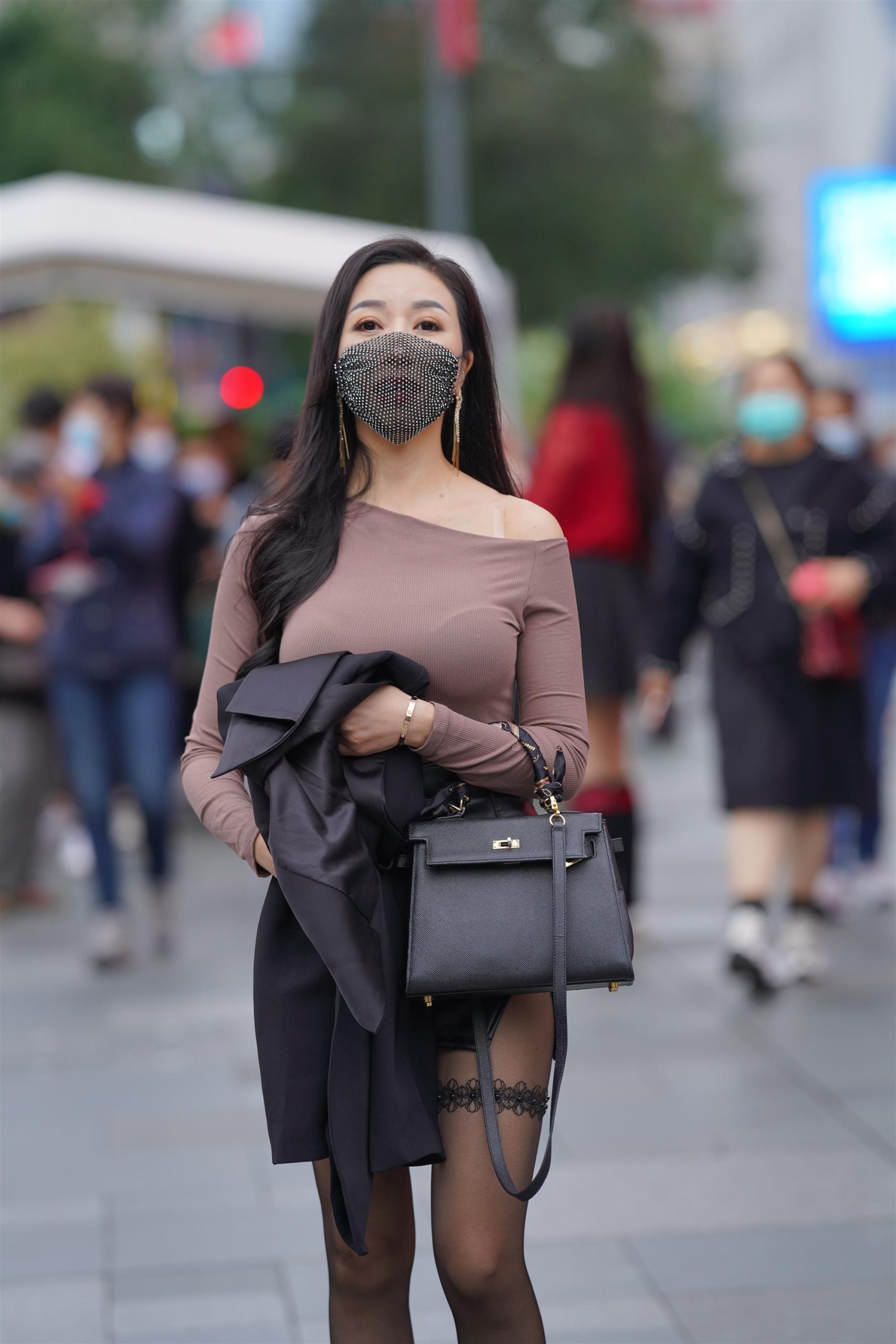 Street Black stocking leather skirt [51P]